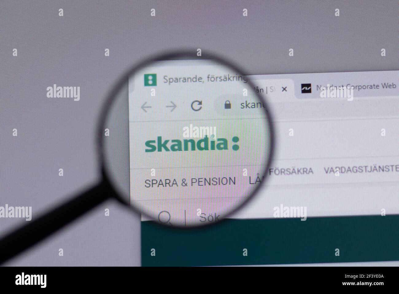 New York, USA - 18 March 2021: Skandia company logo icon on website, Illustrative Editorial Stock Photo