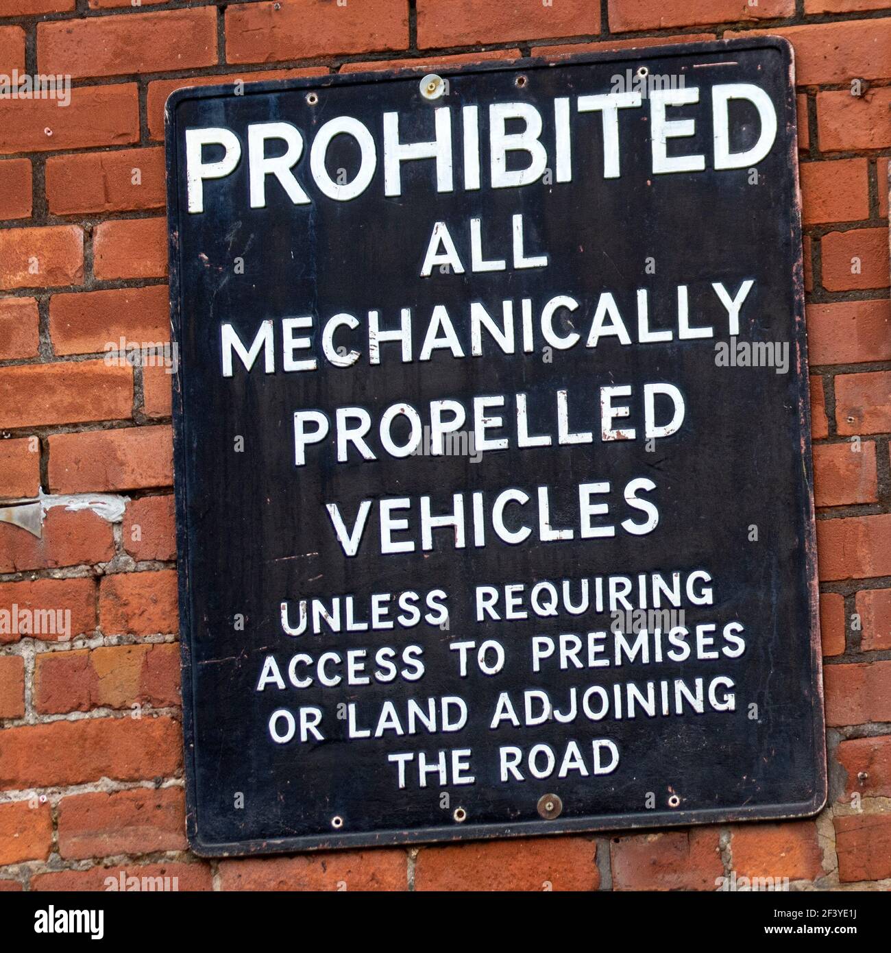 Prohibition of driving mechanically propelled vehicles metal sign, UK Stock Photo