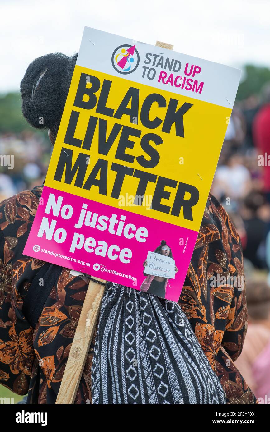End Racism Protest Anti-racism campaign sign at the Black Lives Matter demonstration in ...