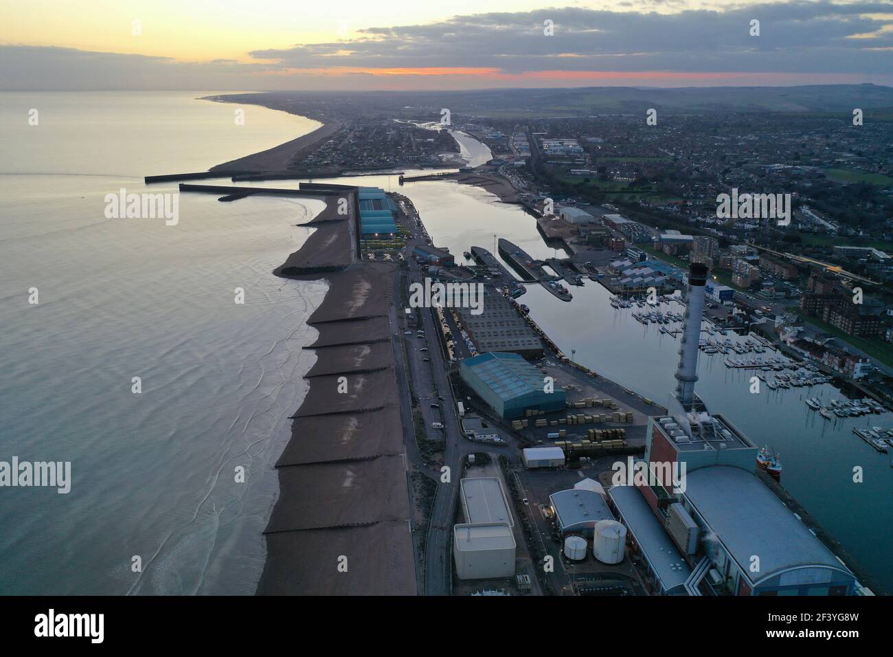 Aerial view of Shoreham Docks, Industrial area in Brighton and Hove