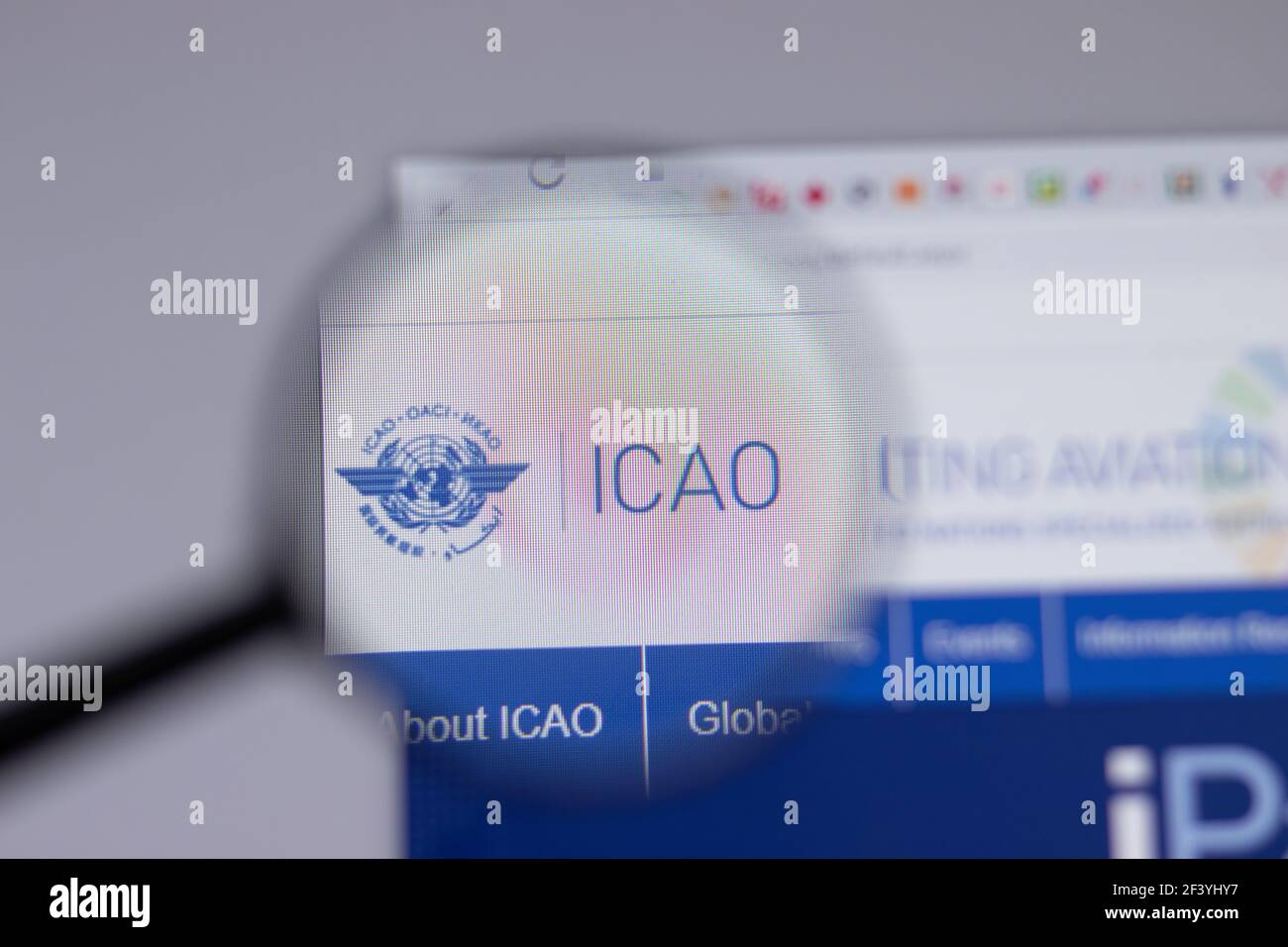 New York, USA - 18 March 2021: ICAO International Civil Aviation Organization logo icon on website, Illustrative Editorial Stock Photo