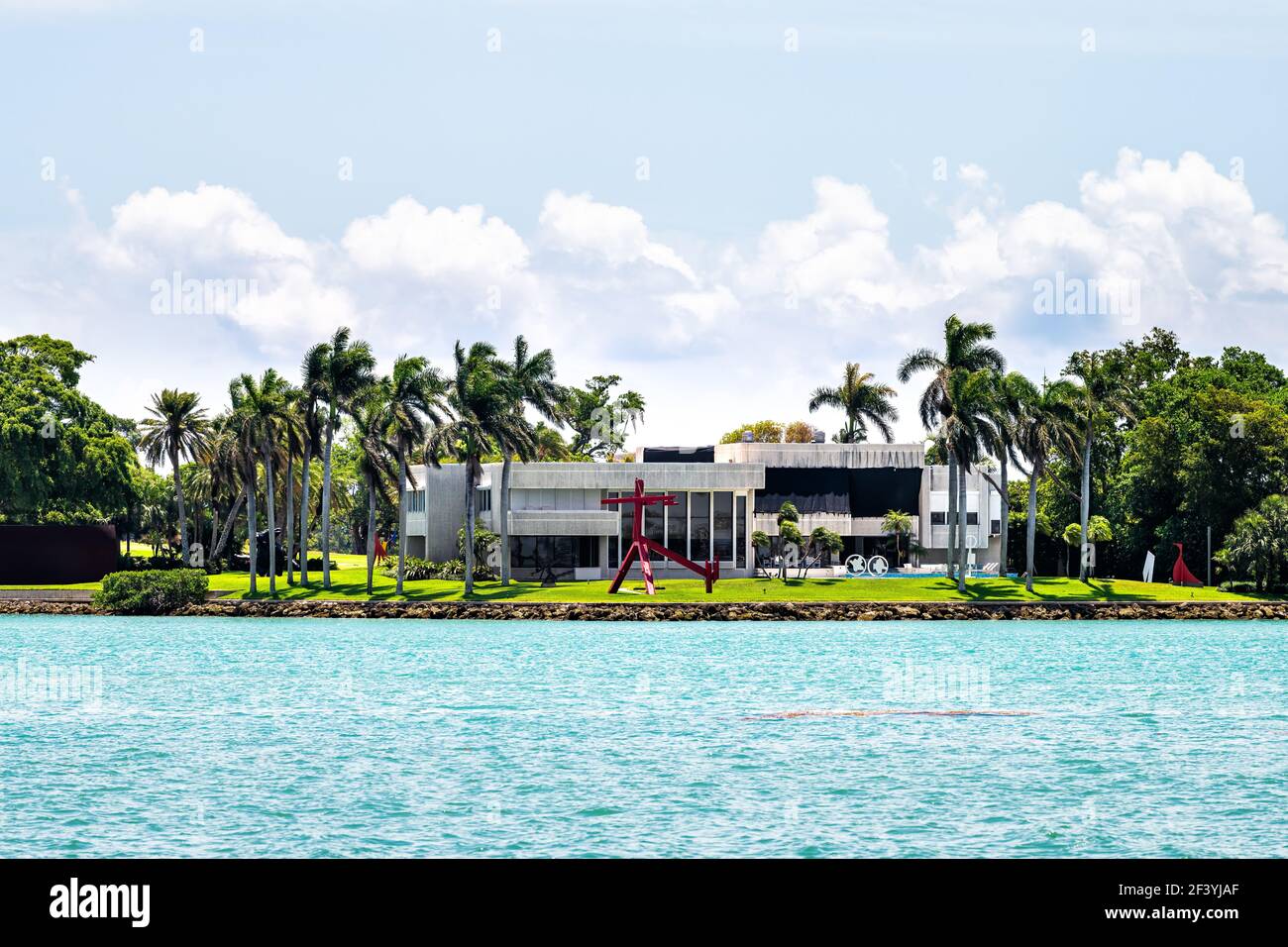 Bal Harbour, USA - May 8, 2018: Miami, Florida at Biscayne Bay Intracoastal water and view of Indian Creek Billionaire island house waterfront oceanfr Stock Photo