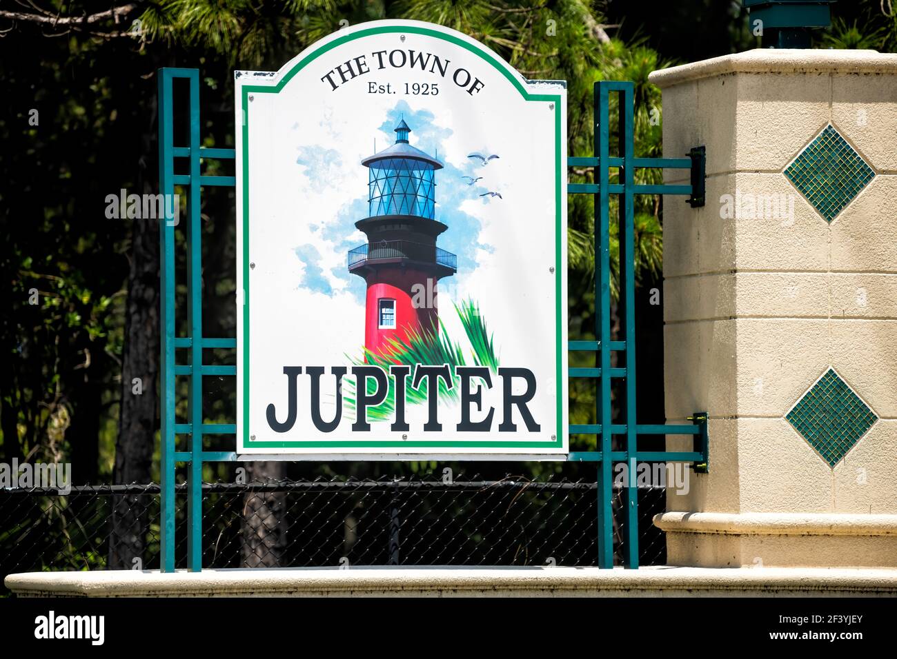 Jupiter, USA - May 9, 2018: Welcome sign to Florida small city town in Palm Beach county established in 1925 on Atlantic ocean coast shore in summer Stock Photo