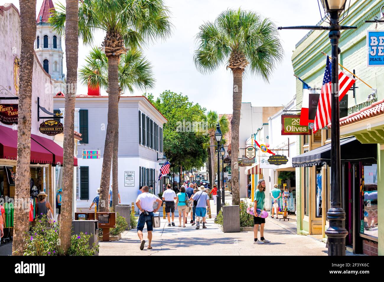 St. Augustine, USA - May 10, 2018: St George Street with people shopping walking by stores shops and restaurants in downtown old town of Florida city Stock Photo
