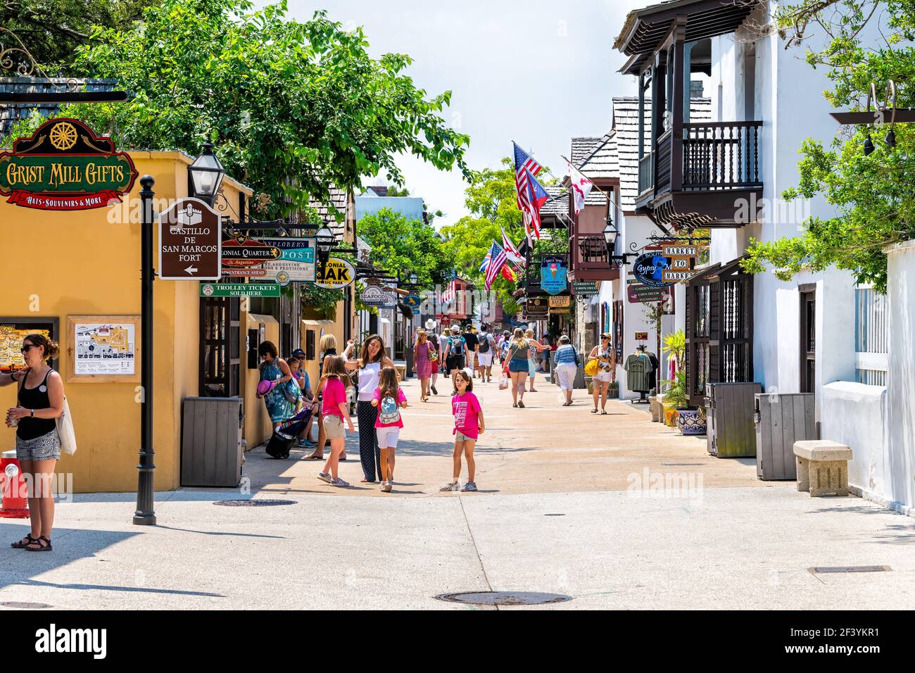 St. Augustine, USA - May 10, 2018: People walking and shopping at Florida city St George Street on summer day by stores shops and restaurants in old t Stock Photo