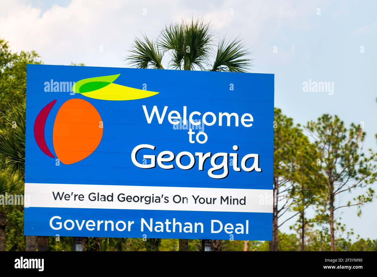 Kingsland, USA - May 10, 2018: Welcome to Georgia sign with We are glad Georgia's on your mind text with governor Nathan Deal Stock Photo