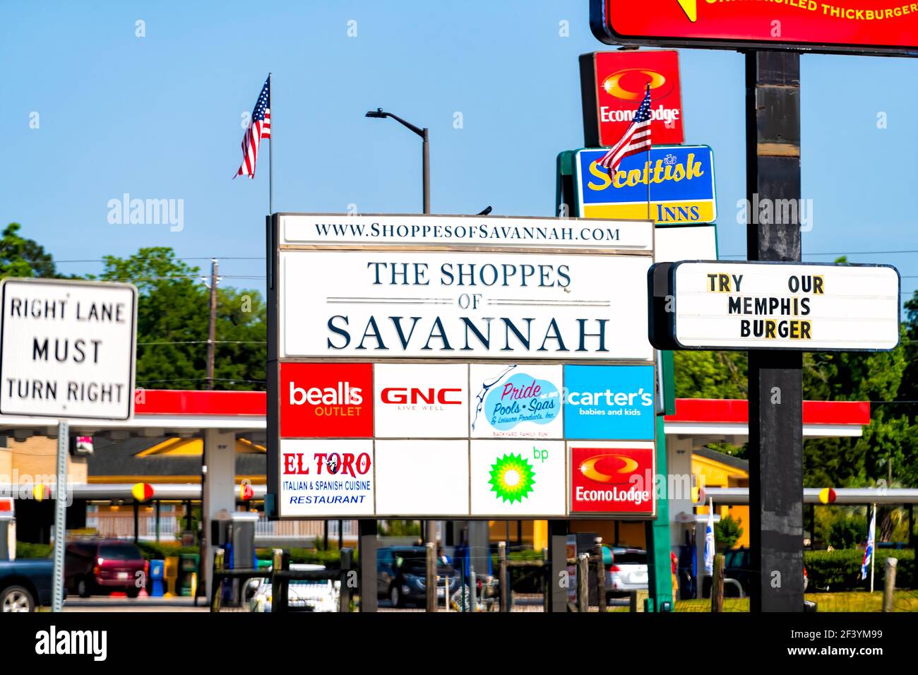 Savannah, USA May 10, 2018 Outdoor strip shopping mall of The Shoppes of Savannah,