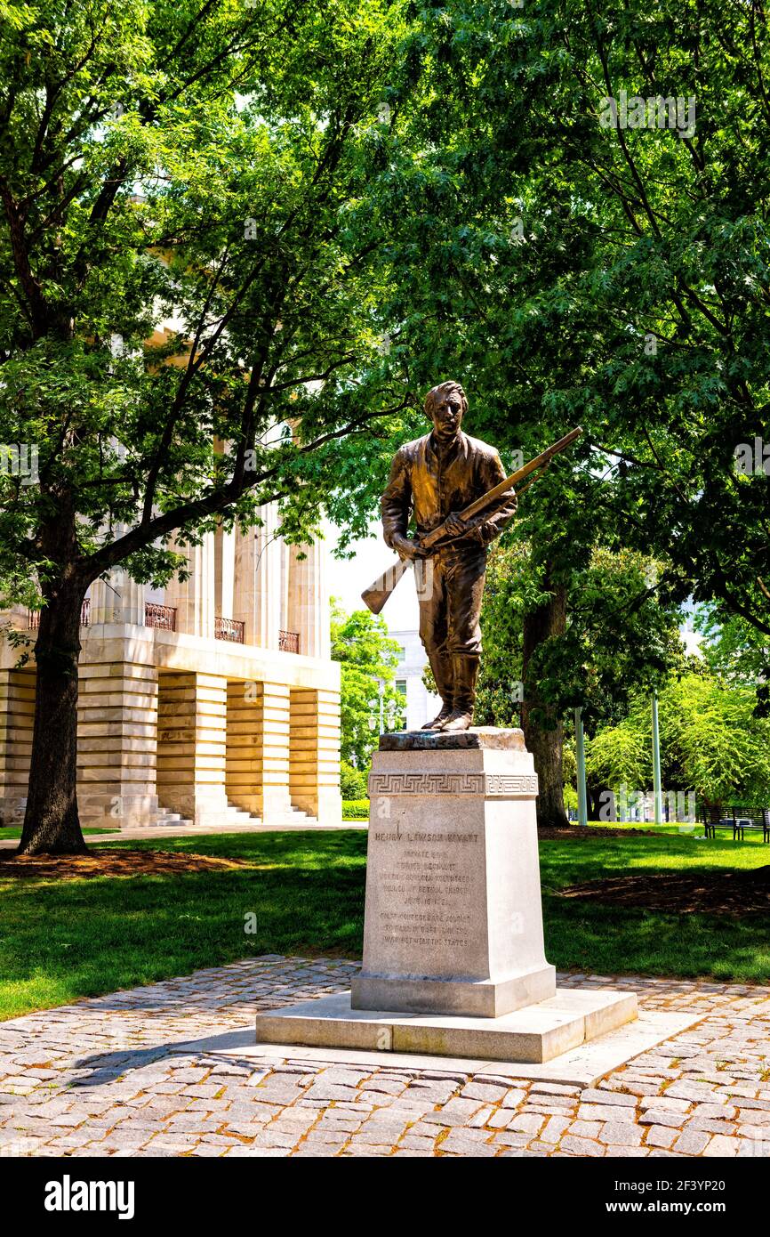Raleigh, USA - May 12, 2018: Removed bronze statue of Henry Lawson Wyatt by sculptor Gutzon Borglum who was first American confederate civil war casua Stock Photo