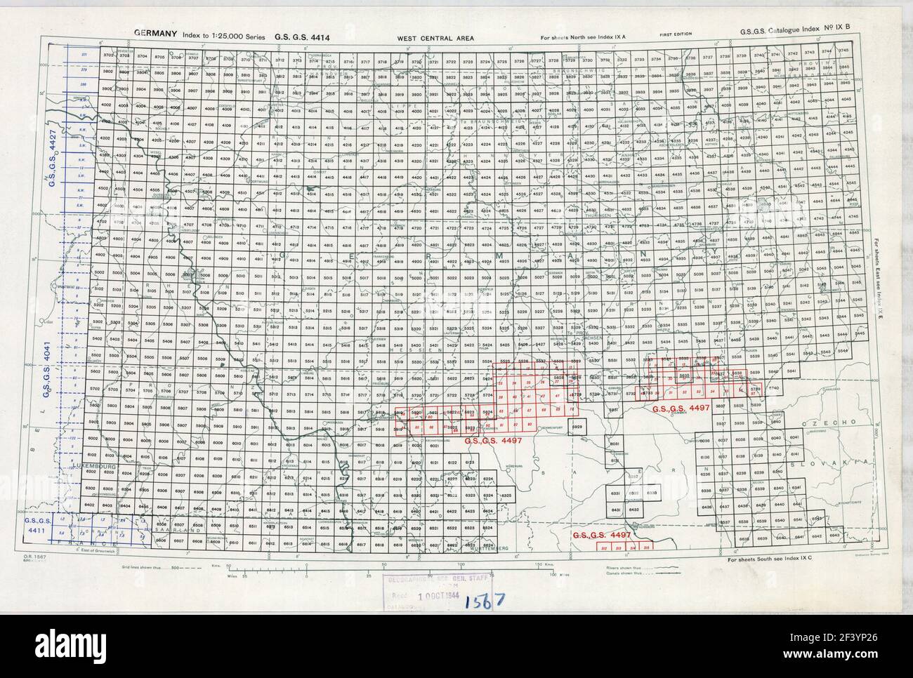 GERMANY INDEX SHEETS MAP 1944 CENTRAL AREA Stock Photo