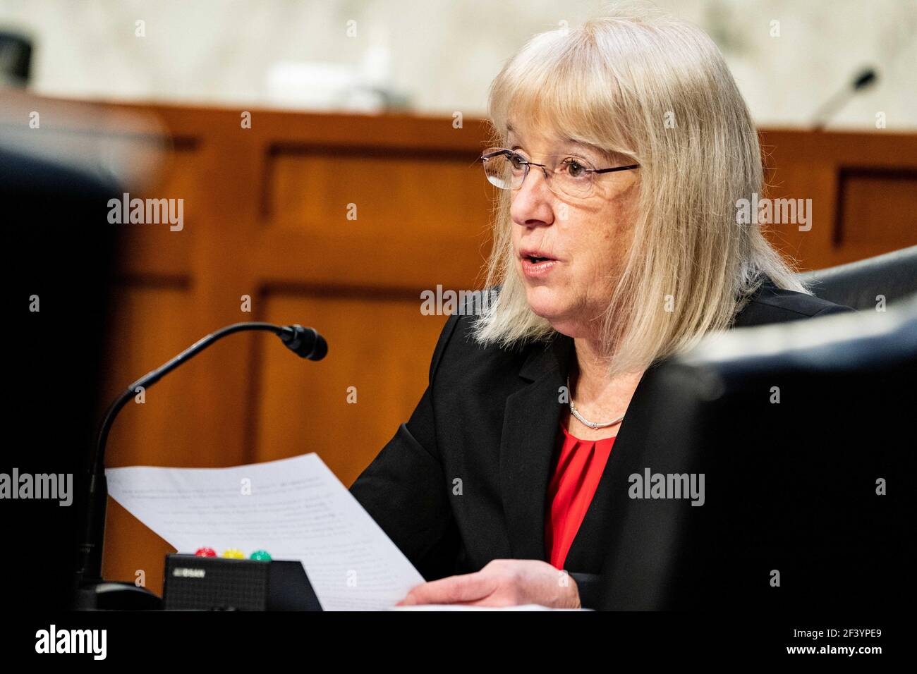 Washington, United States. 18th Mar, 2021. Senator Patty Murray, D-Wash., Chairwoman of the Senate Committee on Health, Education, Labor, and Pensions, speaks at a hearing with the Senate Committee on Health, Education, Labor, and Pensions on the Covid-19 response on Capitol Hill in Washington March 18th, 2021. Pool Photo by Anna Moneymaker Credit: UPI/Alamy Live News Stock Photo