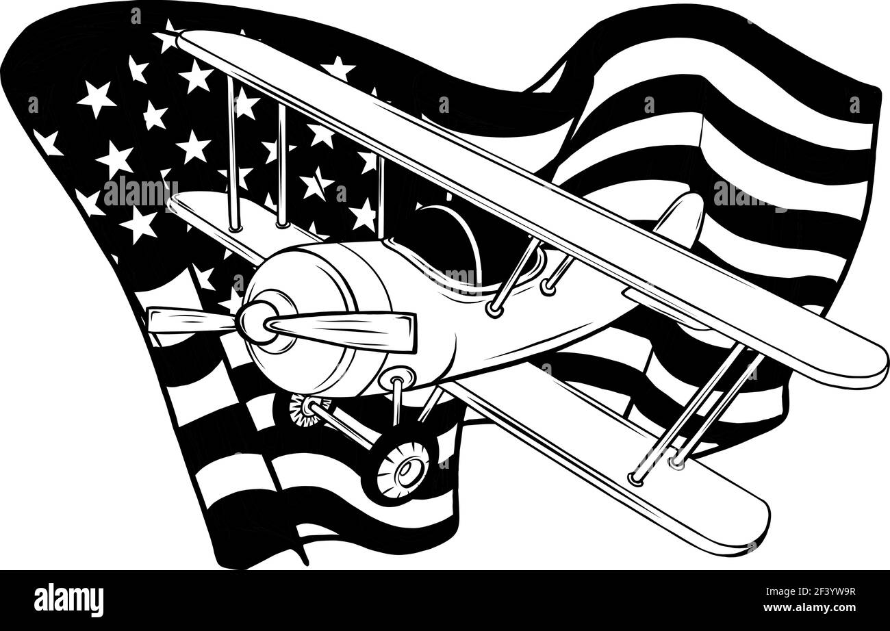 draw in black and white of american flag with airplane vector illustration design Stock Vector