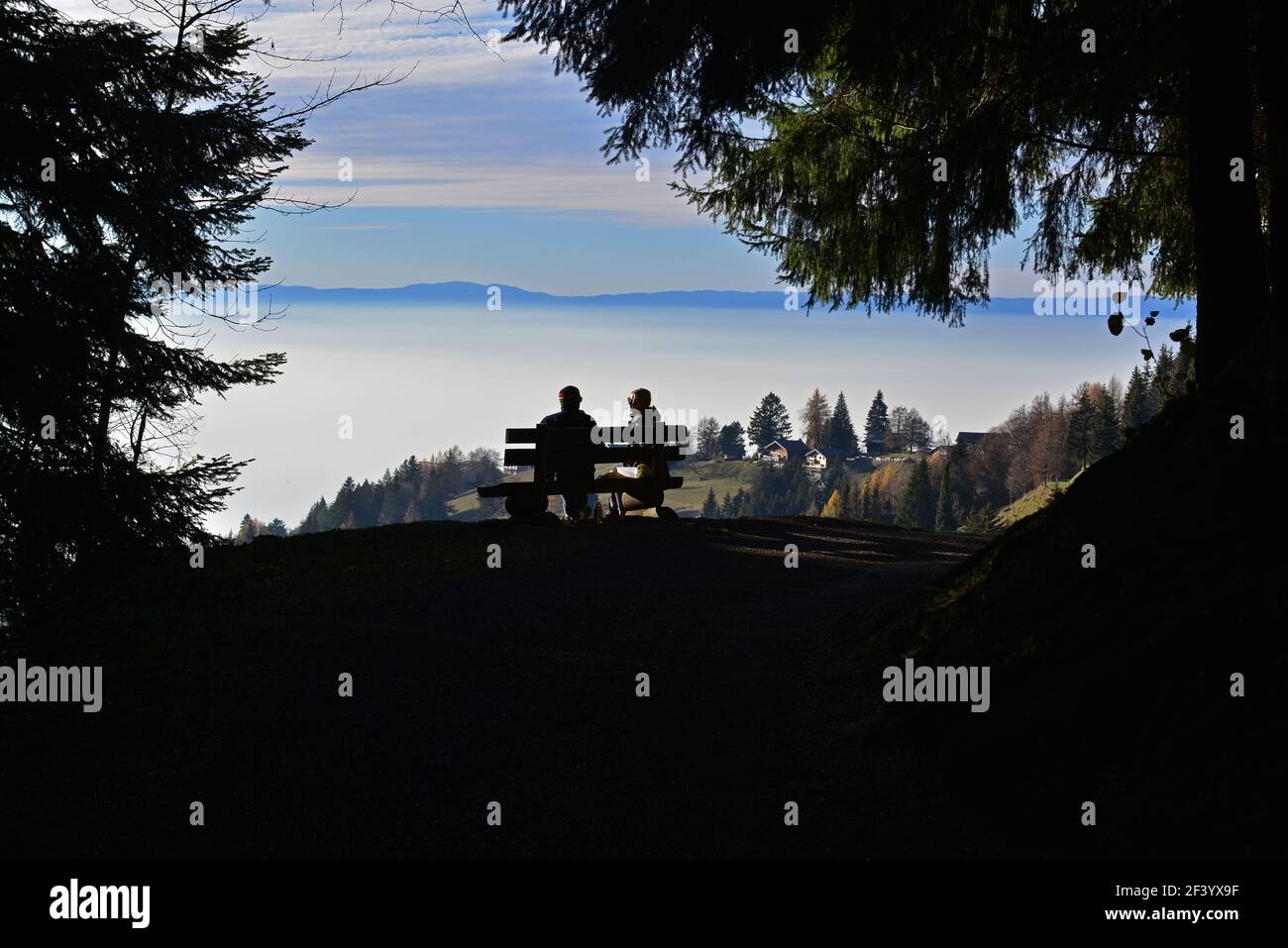 Couple sitting on a bench in silhouette, framed by trees, watching the sunset in the mountains Stock Photo