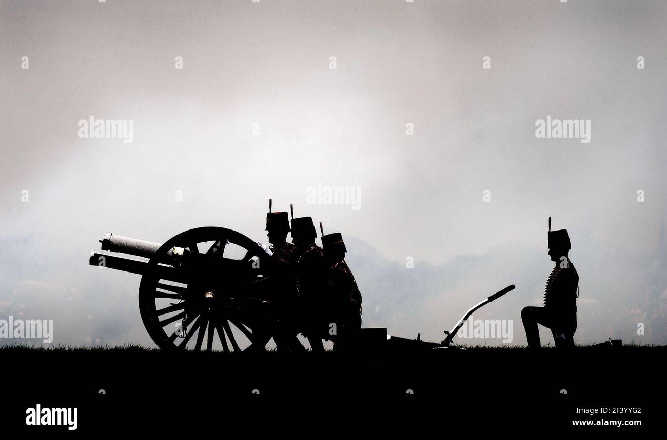 Soldiers during the 41 gun salute in Hyde Park today in honour of the