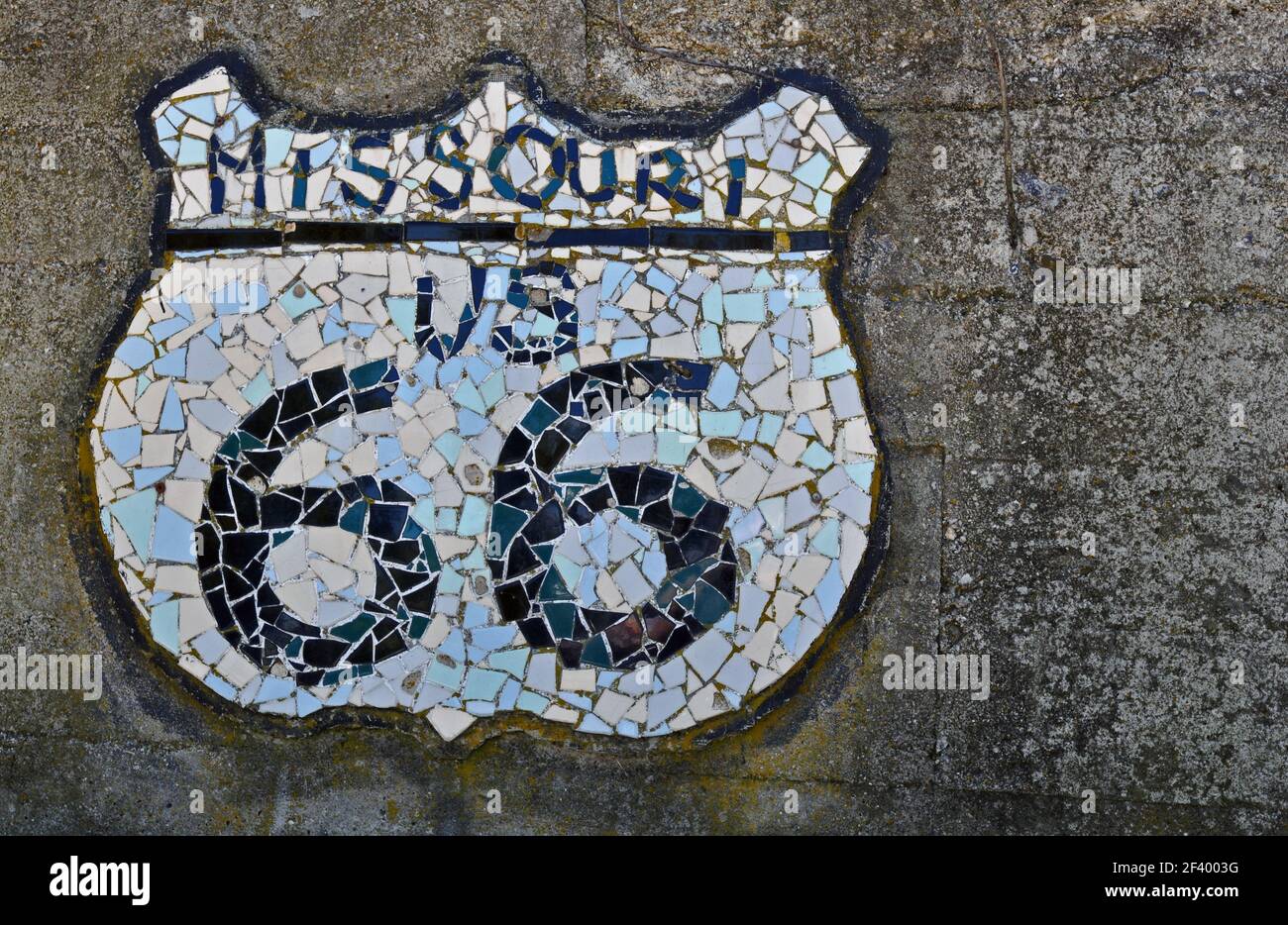An artistic US 66 highway shield at the College Street Great Mosaic Wall in Springfield, MO, across from the Birthplace of Route 66 Roadside Park. Stock Photo
