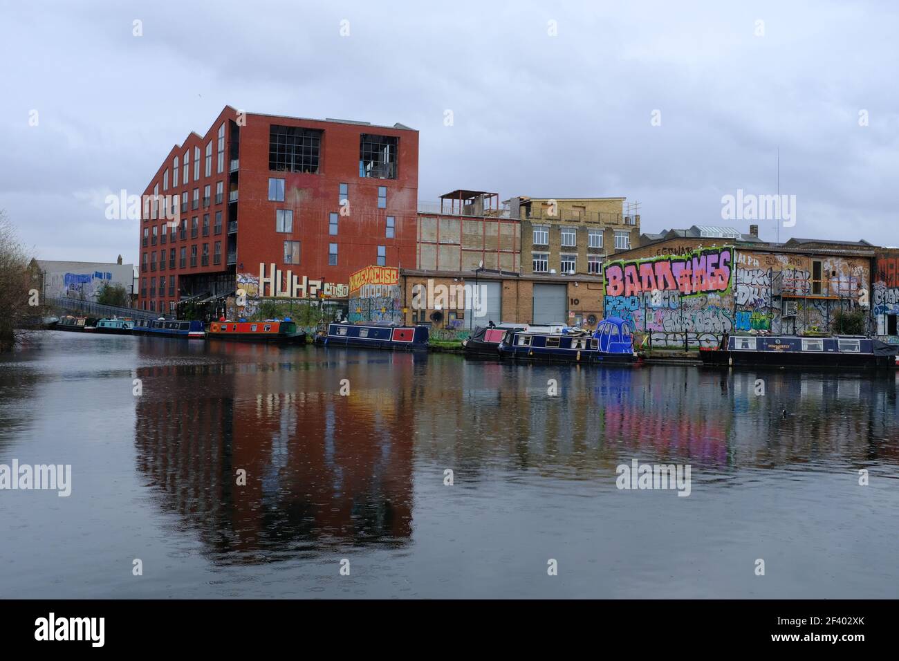 LONDON - 18TH MARCH 2021: Warehouses at Hackney Wick and the River Lea Navigation in East London. Stock Photo