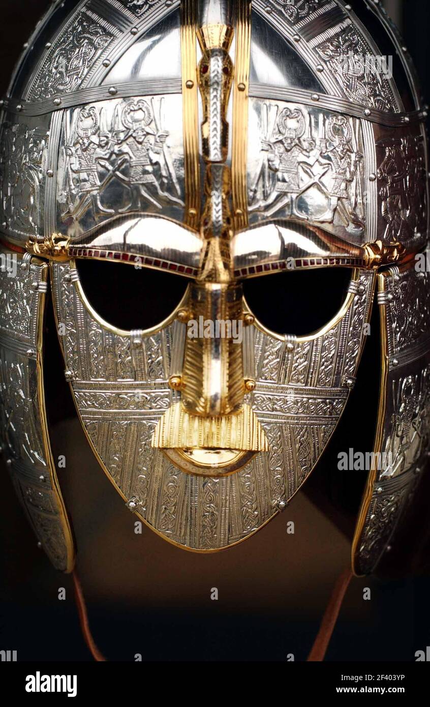 A REPLICA OF THE SUTTON HOO HELMET AT THE OPENING OF A NEW EXHIBITION CENTRE AT THE SUTTON HOO SITE WHICH INCLUDES TREASURES LENT BY THE BRITISH MUSEUM. 13/3/02 PILSTON Stock Photo