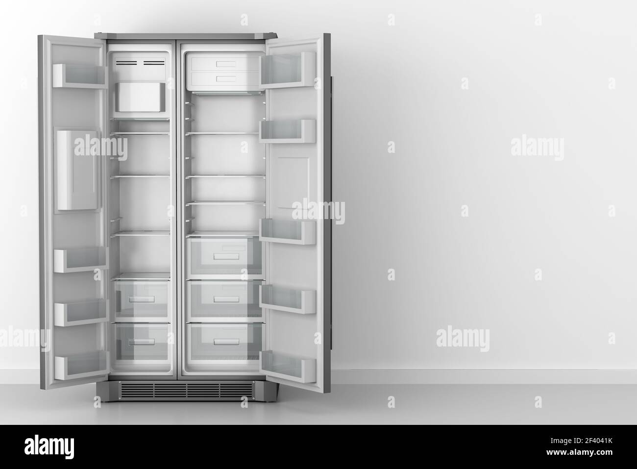 modern empty fridge in front of white wall. 3d illustration Stock Photo