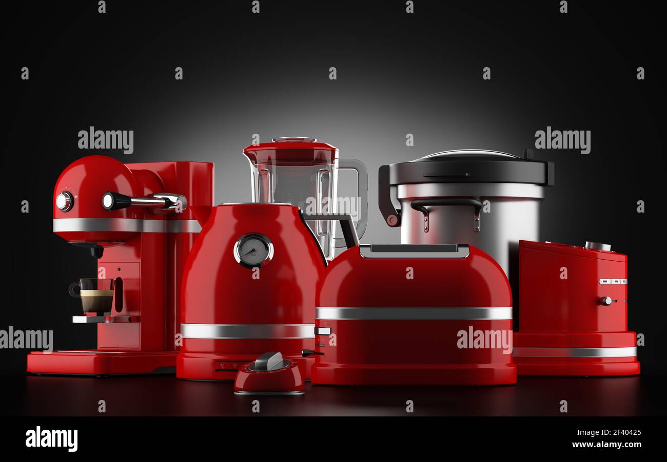 red kitchen appliances on black background. 3d illustration Stock Photo