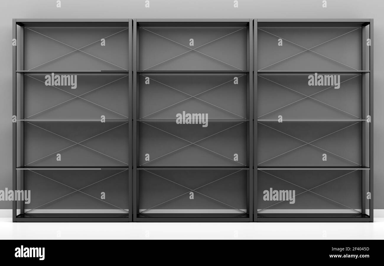 black office shelves in front of gray wall. 3d illustration Stock Photo