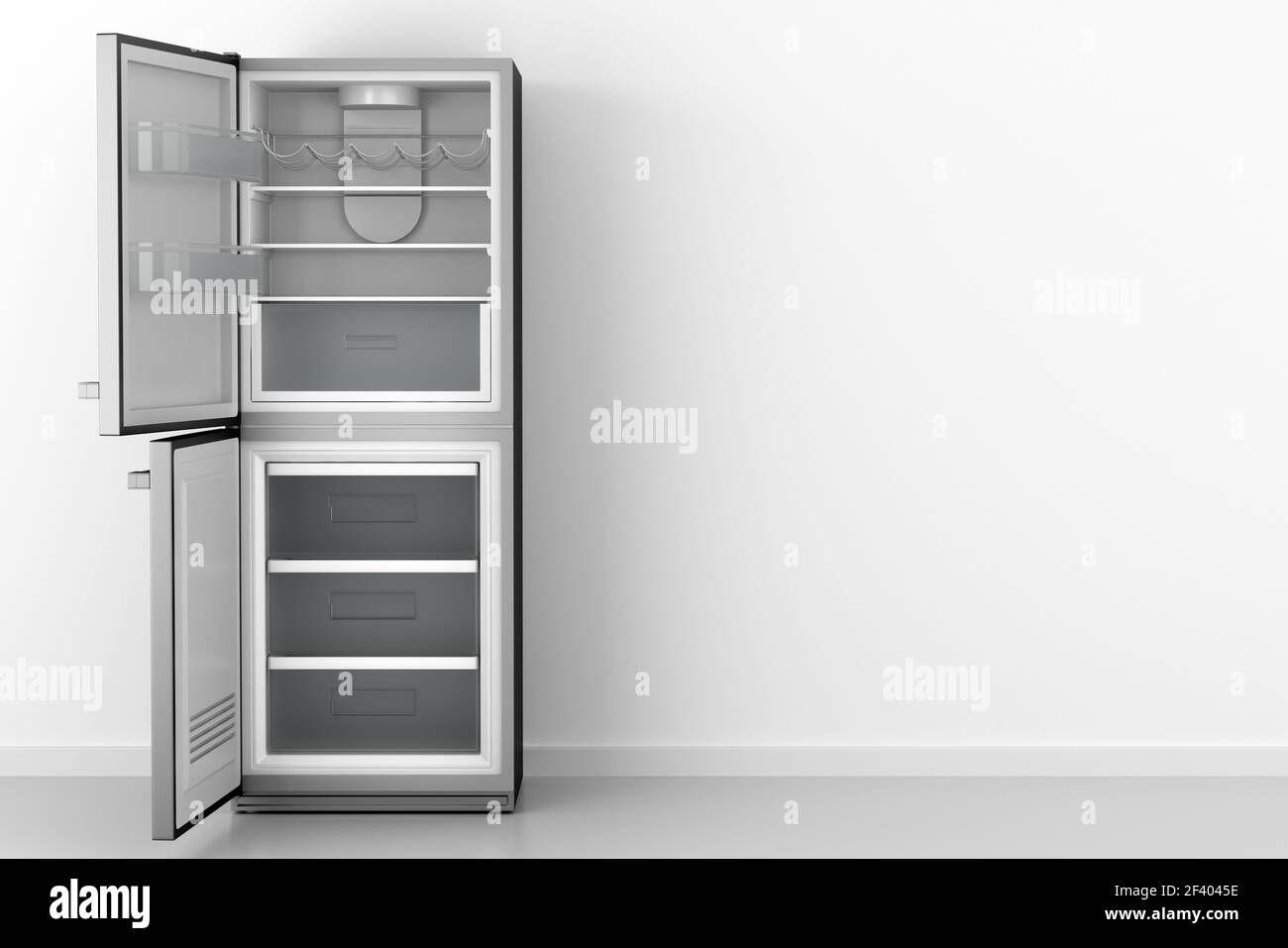 modern open empty fridge in front of white wall. 3d illustration Stock Photo