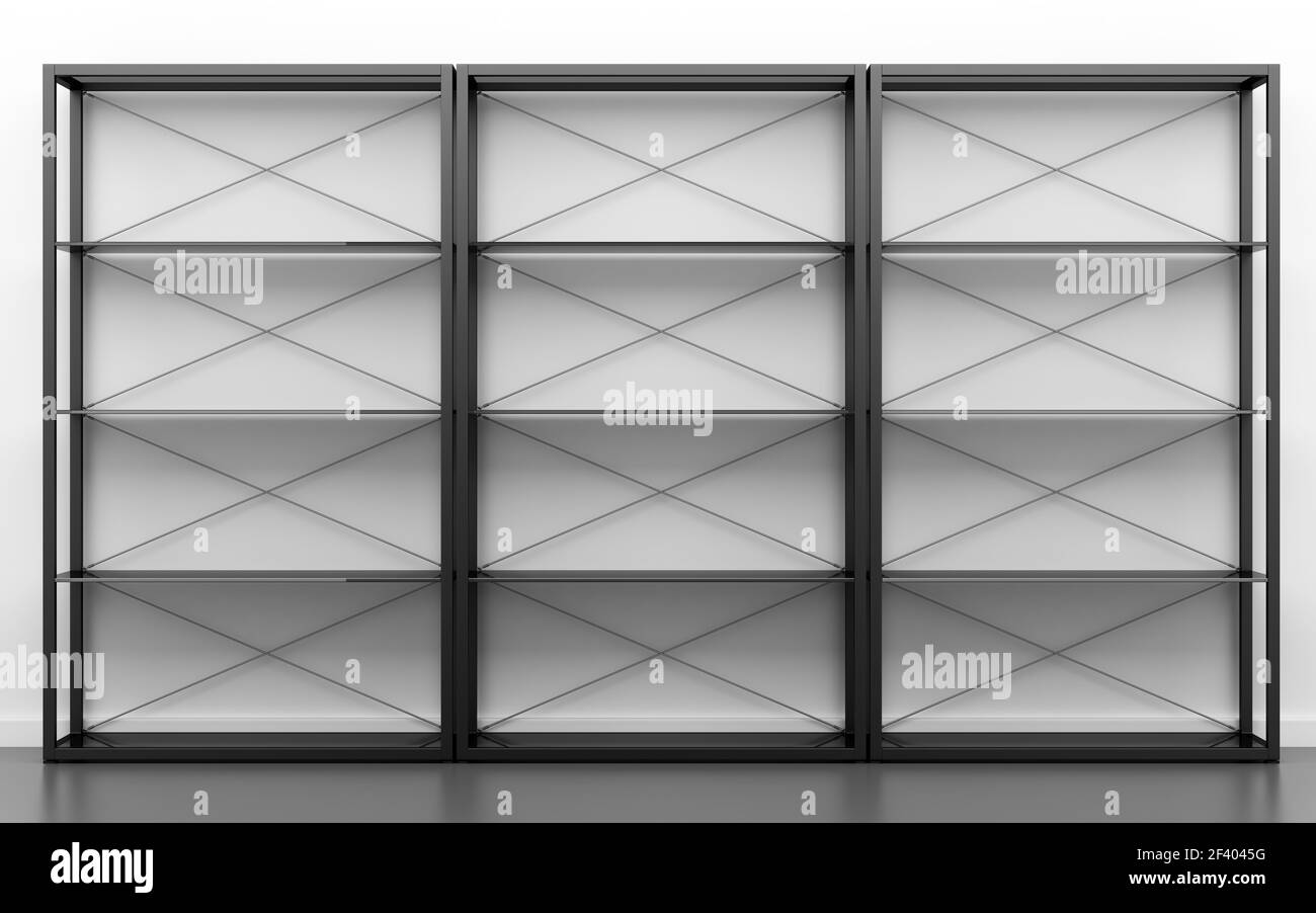 black office shelves in front of white wall. 3d illustration Stock Photo