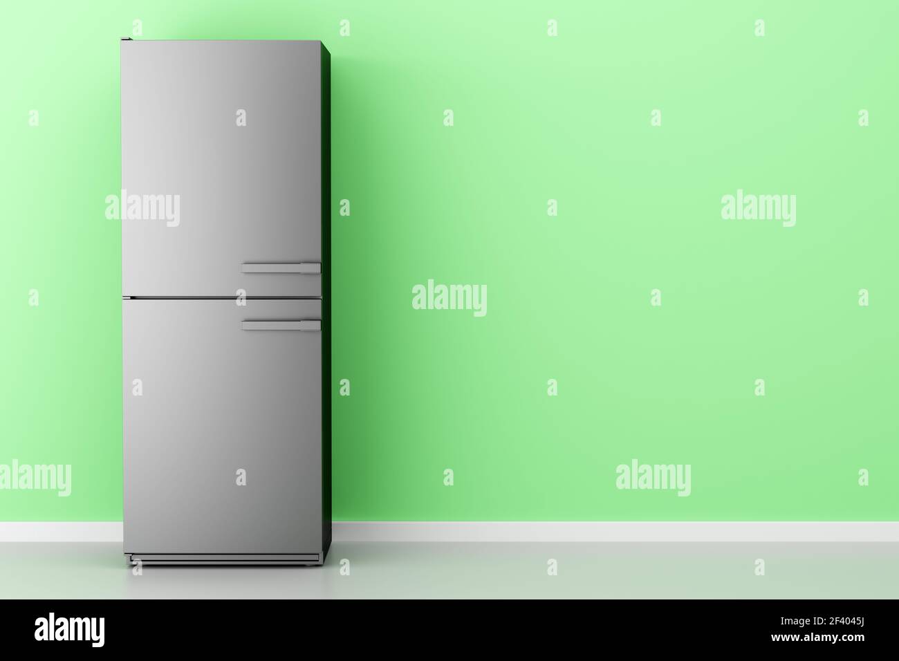 open empty fridge in front of green wall. 3d illustration Stock Photo