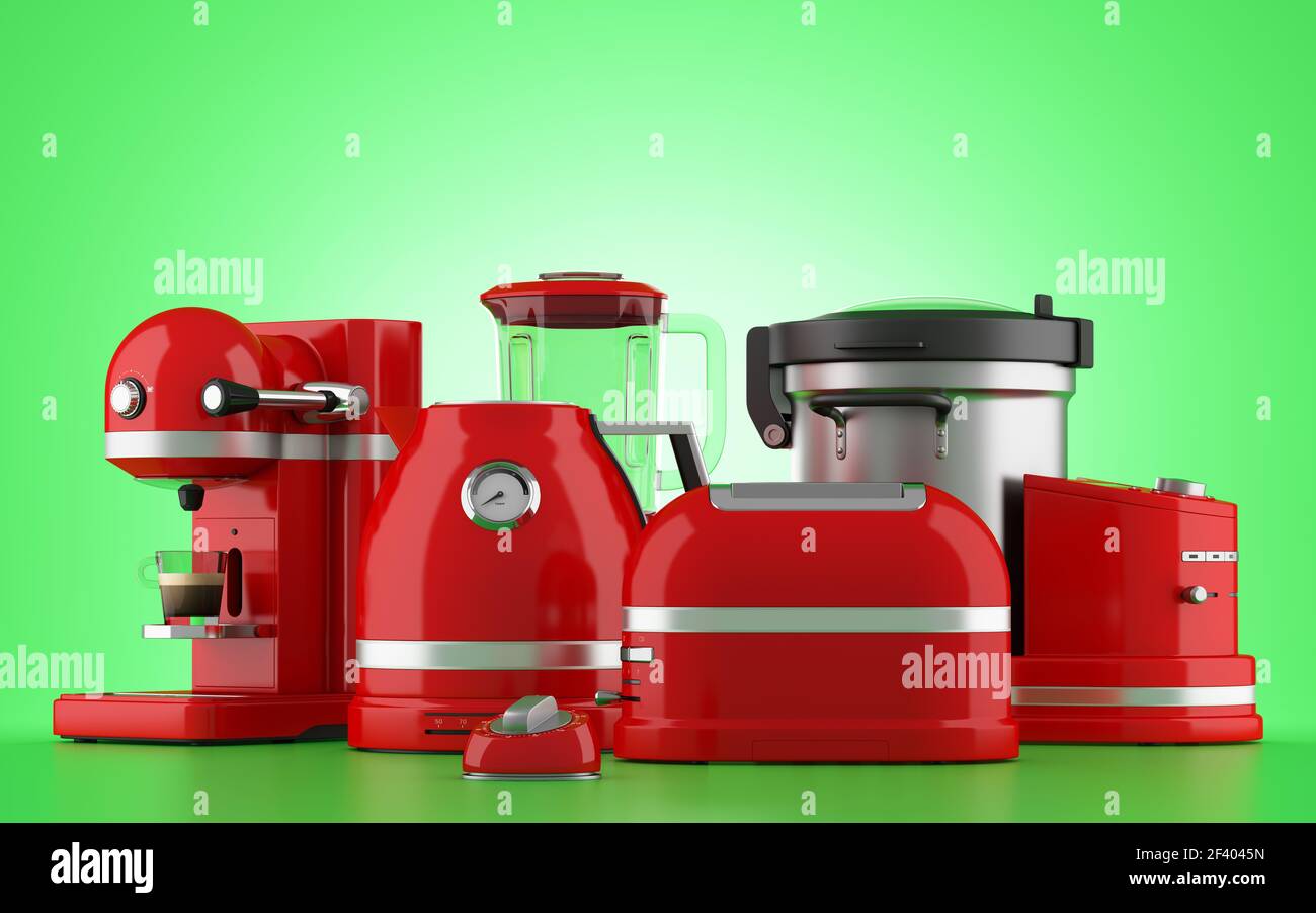 red kitchen appliances isolated on green background. 3d illustration. red kitchen appliances isolated on green background. 3d illustra Stock Photo