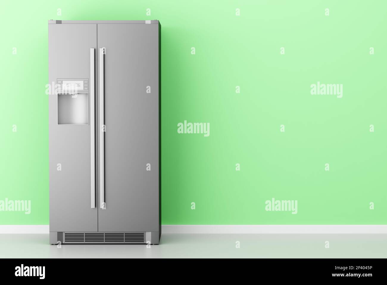 modern fridge in front of green wall. 3d illustration Stock Photo