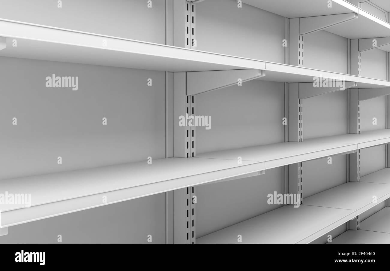 closeup empty white supermarket shelves. 3d illustration Stock Photo