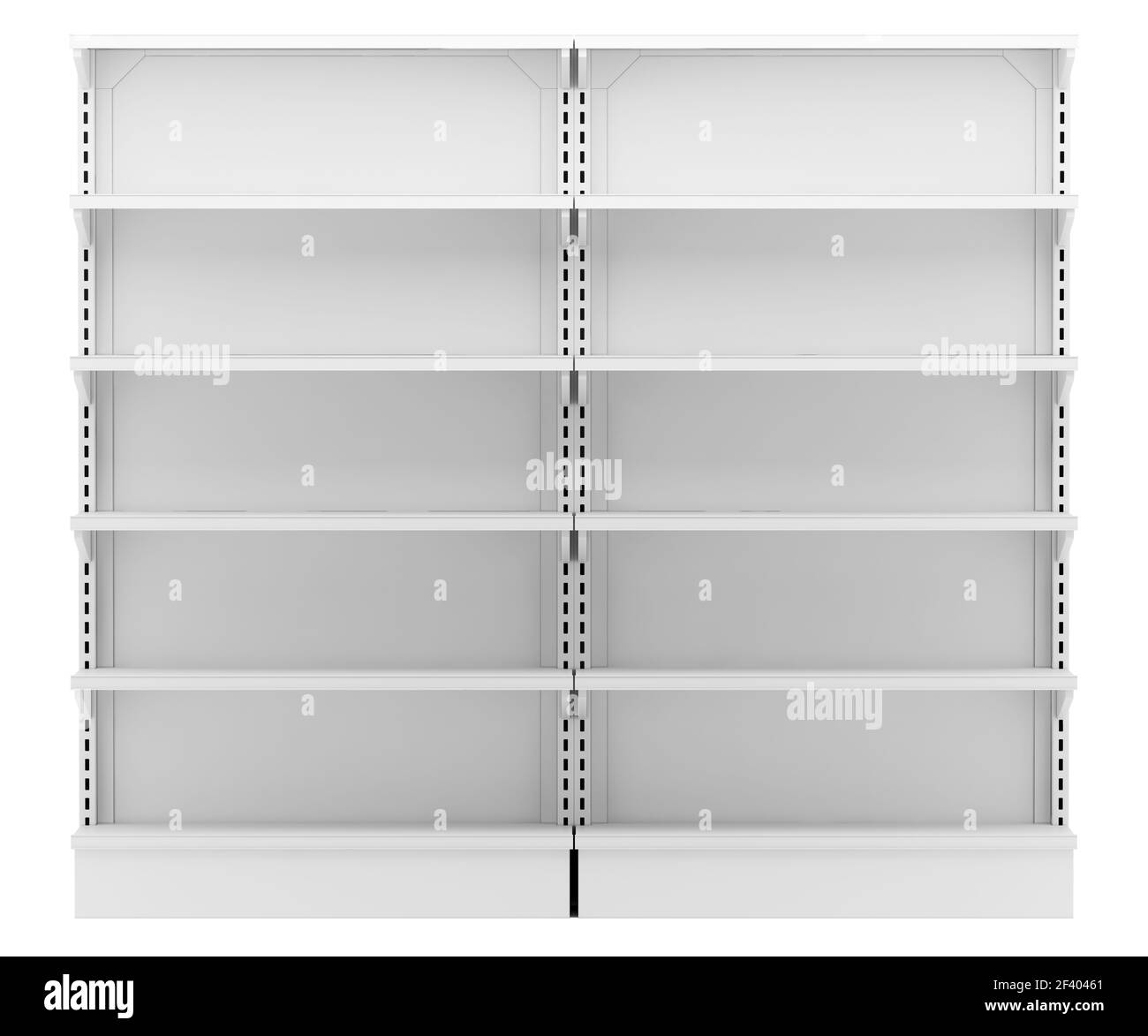 empty supermarket shelves isolated on white background. 3d illustration. empty supermarket shelves isolated on white background. 3d illus Stock Photo