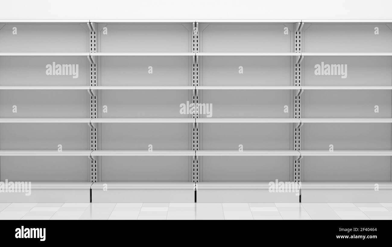 empty supermarket shelves in front of white wall. 3d illustration. empty supermarket shelves in front of white wall. 3d illustratio Stock Photo