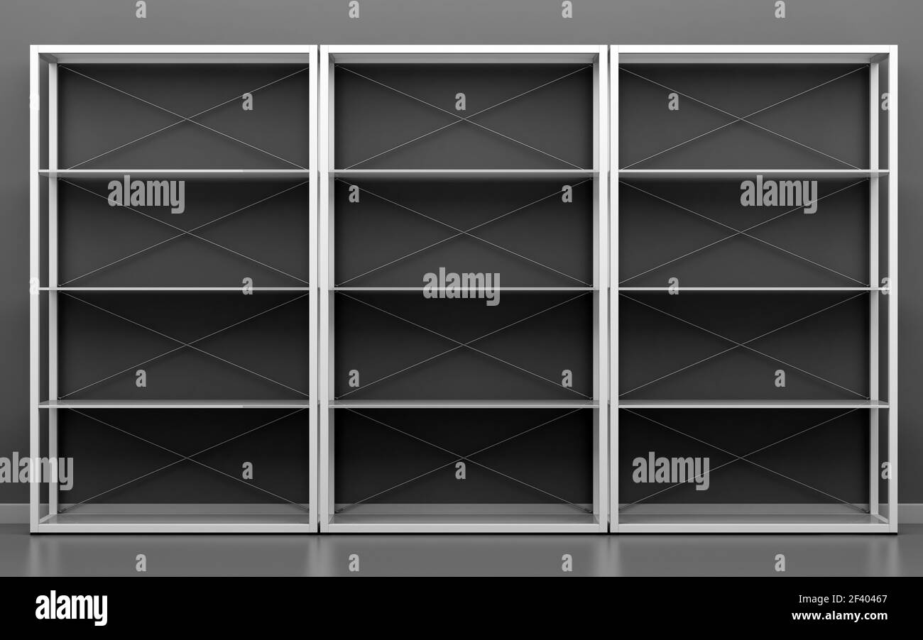white office shelves in front of gray wall. 3d illustration Stock Photo