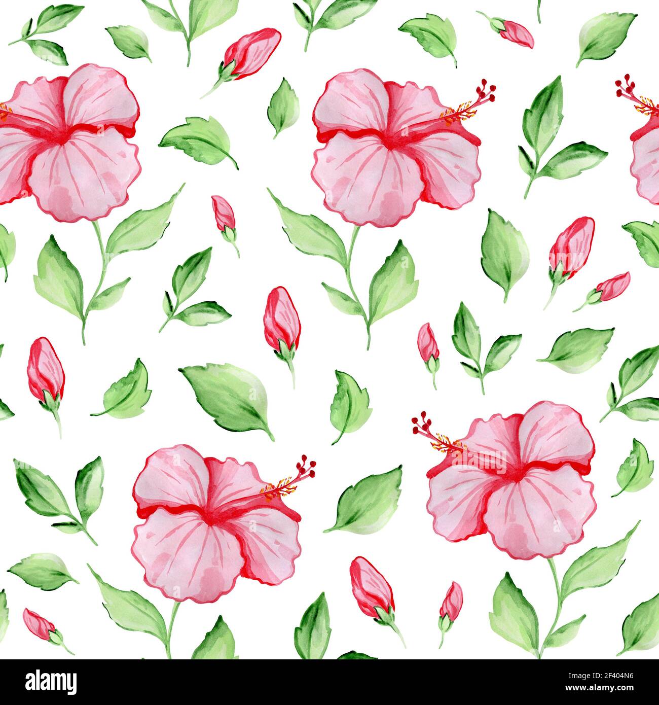 Watercolor tropical seamless pattern with red hibiscus flowers and ...