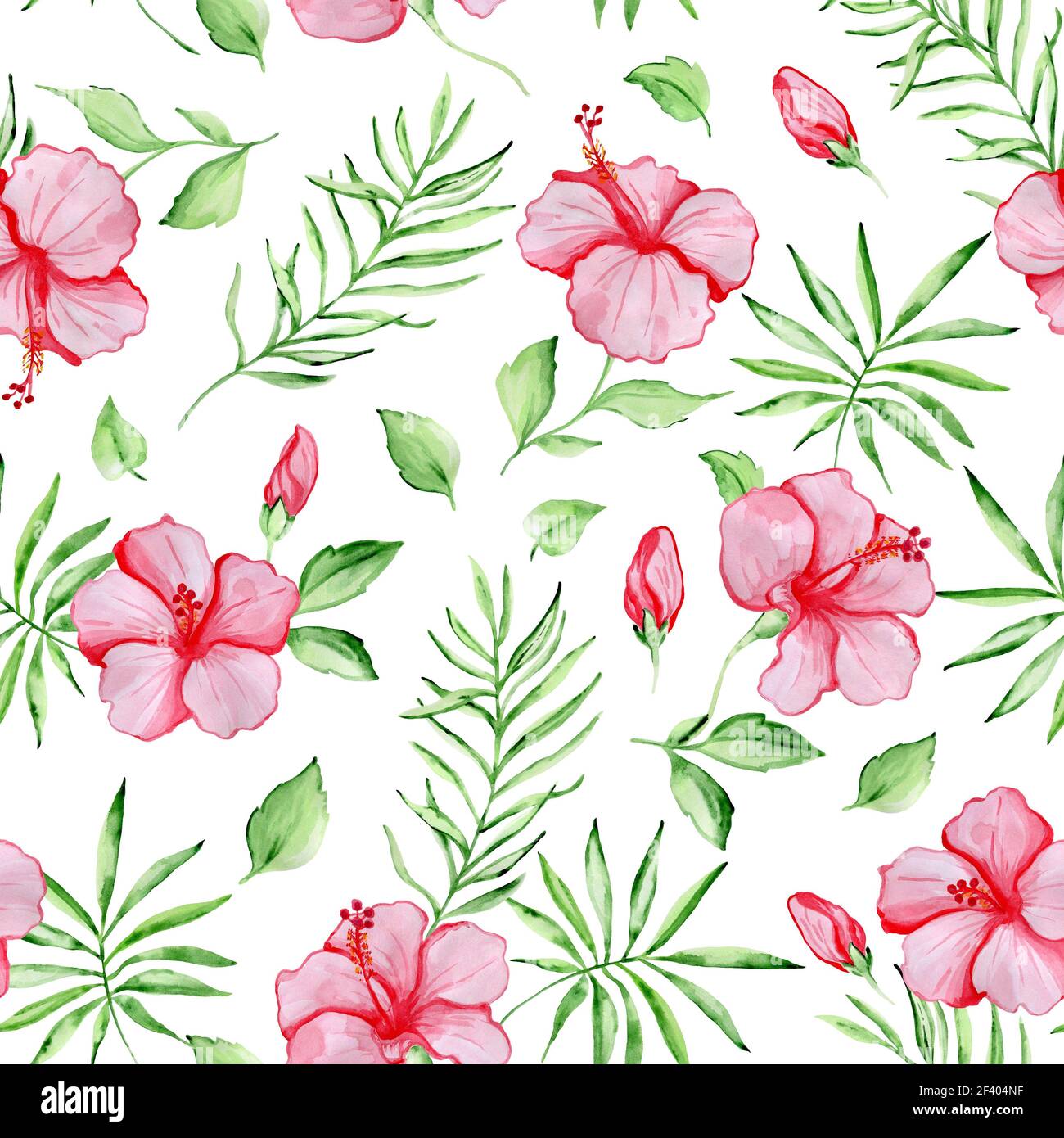 Watercolor tropical seamless pattern with red hibiscus flowers and ...