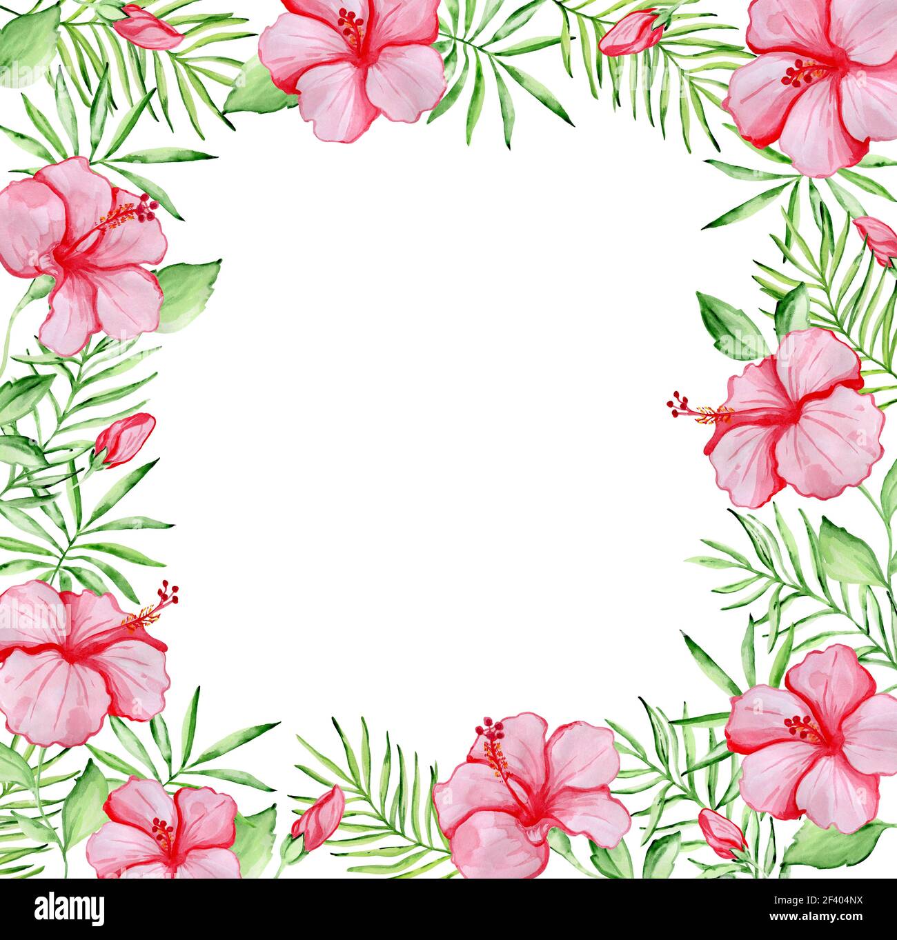 Watercolor tropical floral frame with red hibiscus flowers and green ...