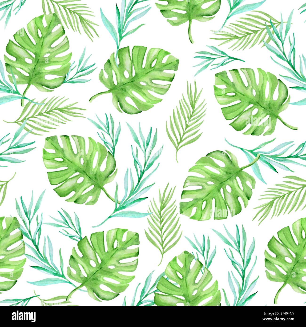 Watercolor floral summer tropical seamless pattern with green palm ...