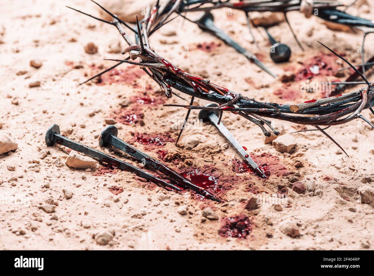 Crown of thorns and bloody nails on ground. Good Friday, Passion of Jesus  Christ. Christian Easter holiday. Top view, copy space. Crucifixion Stock  Photo - Alamy