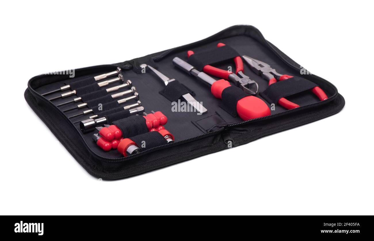 Set of different tools in a case isolated over white Stock Photo