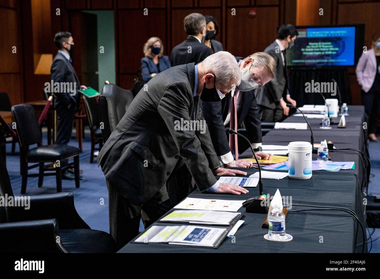 Dr. Anthony Fauci, Director at the National Institute Of Allergy and Infectious Diseases with Dr. David Kessler, Chief Science Officer of the White House COVID-19 Response Team, before the start of a hearing with the Senate Committee on Health, Education, Labor, and Pensions, on the Covid-19 response, on Capitol Hill in Washington March 18th, 2021. Photo by Anna Moneymaker/Pool/ABACAPRESS.COM Stock Photo