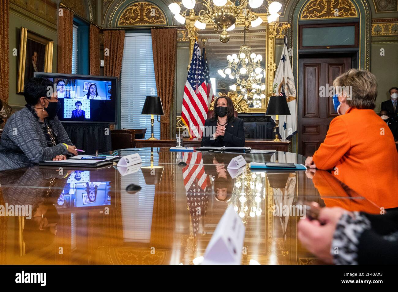 US Vice President Kamala Harris meets with labor leaders in the Vice President's Ceremonial Office in the Eisenhower Executive Office Building in Washington, DC, USA, 18 March 2021. To mark Women's History Month and passage of the American Rescue Plan Vice President Harris met with Randi Weingarten from the American Federation of Teachers, Liz Schuler from the American Federation of Labor and Congress of Industrial Organizations, Becky Pringle, from the National Education Association, Teresa Romero from United Farm Workers, Cindy Estrada from United Auto Workers, Mary Kay Henry from Service Em Stock Photo