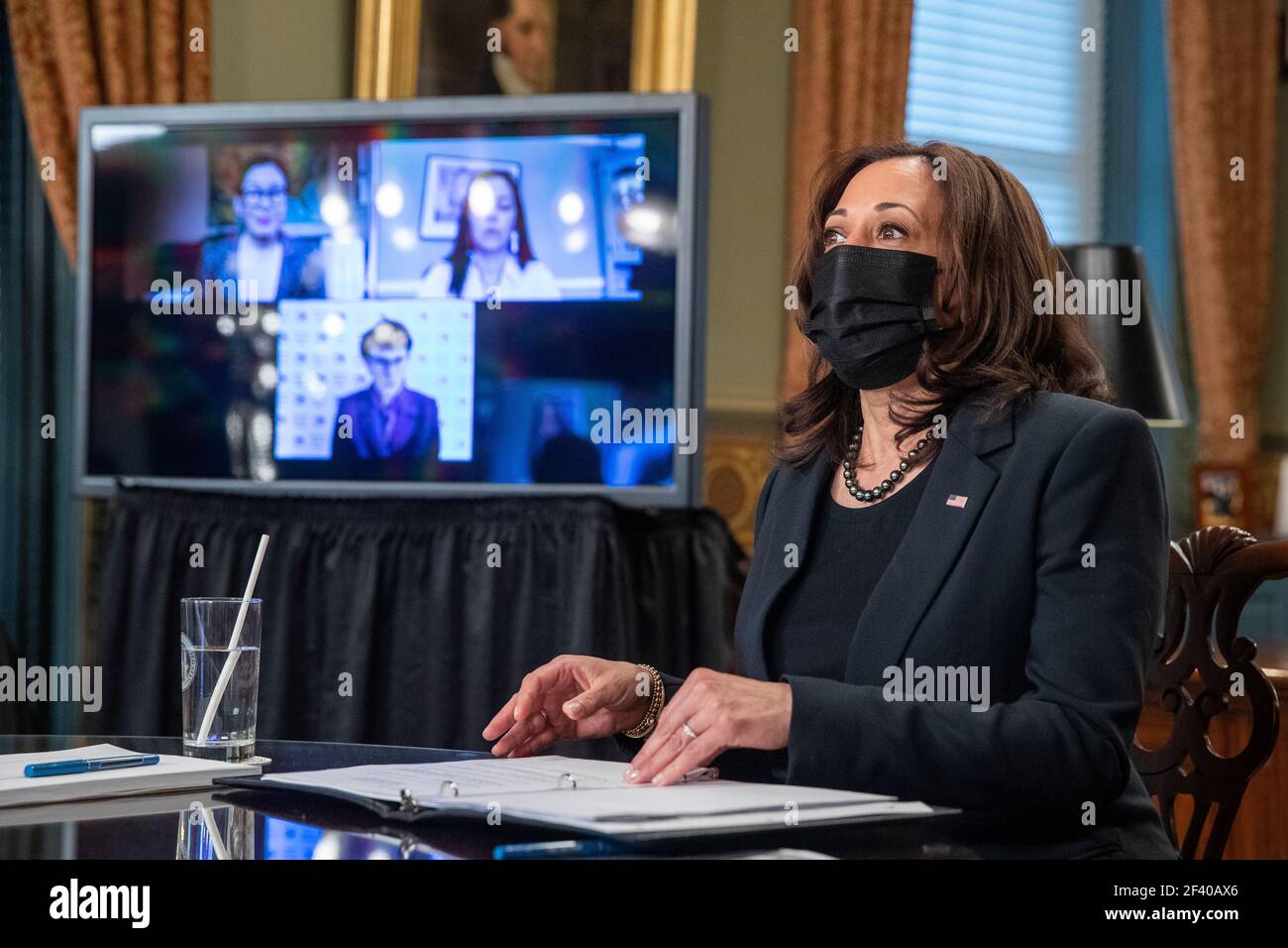 US Vice President Kamala Harris meets with labor leaders in the Vice President's Ceremonial Office in the Eisenhower Executive Office Building in Washington, DC, USA, 18 March 2021. To mark WomenÕs History Month and passage of the American Rescue Plan Vice President Harris met with Randi Weingarten from the American Federation of Teachers, Liz Schuler from the American Federation of Labor and Congress of Industrial Organizations, Becky Pringle, from the National Education Association, Teresa Romero from United Farm Workers, Cindy Estrada from United Auto Workers, Mary Kay Henry from Service Em Stock Photo