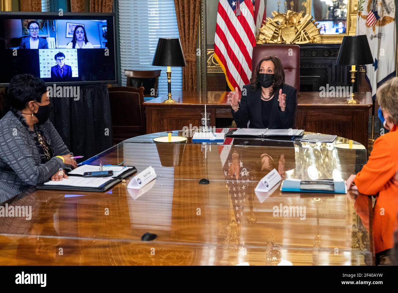 US Vice President Kamala Harris meets with labor leaders in the Vice President's Ceremonial Office in the Eisenhower Executive Office Building in Washington, DC, USA, 18 March 2021. To mark WomenÕs History Month and passage of the American Rescue Plan Vice President Harris met with Randi Weingarten from the American Federation of Teachers, Liz Schuler from the American Federation of Labor and Congress of Industrial Organizations, Becky Pringle, from the National Education Association, Teresa Romero from United Farm Workers, Cindy Estrada from United Auto Workers, Mary Kay Henry from Service Em Stock Photo