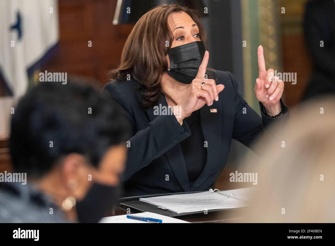 US Vice President Kamala Harris meets with labor leaders in the Vice President's Ceremonial Office in the Eisenhower Executive Office Building in Washington, DC, USA, 18 March 2021. To mark WomenÕs History Month and passage of the American Rescue Plan Vice President Harris met with Randi Weingarten from the American Federation of Teachers, Liz Schuler from the American Federation of Labor and Congress of Industrial Organizations, Becky Pringle, from the National Education Association, Teresa Romero from United Farm Workers, Cindy Estrada from United Auto Workers, Mary Kay Henry from Service Em Stock Photo