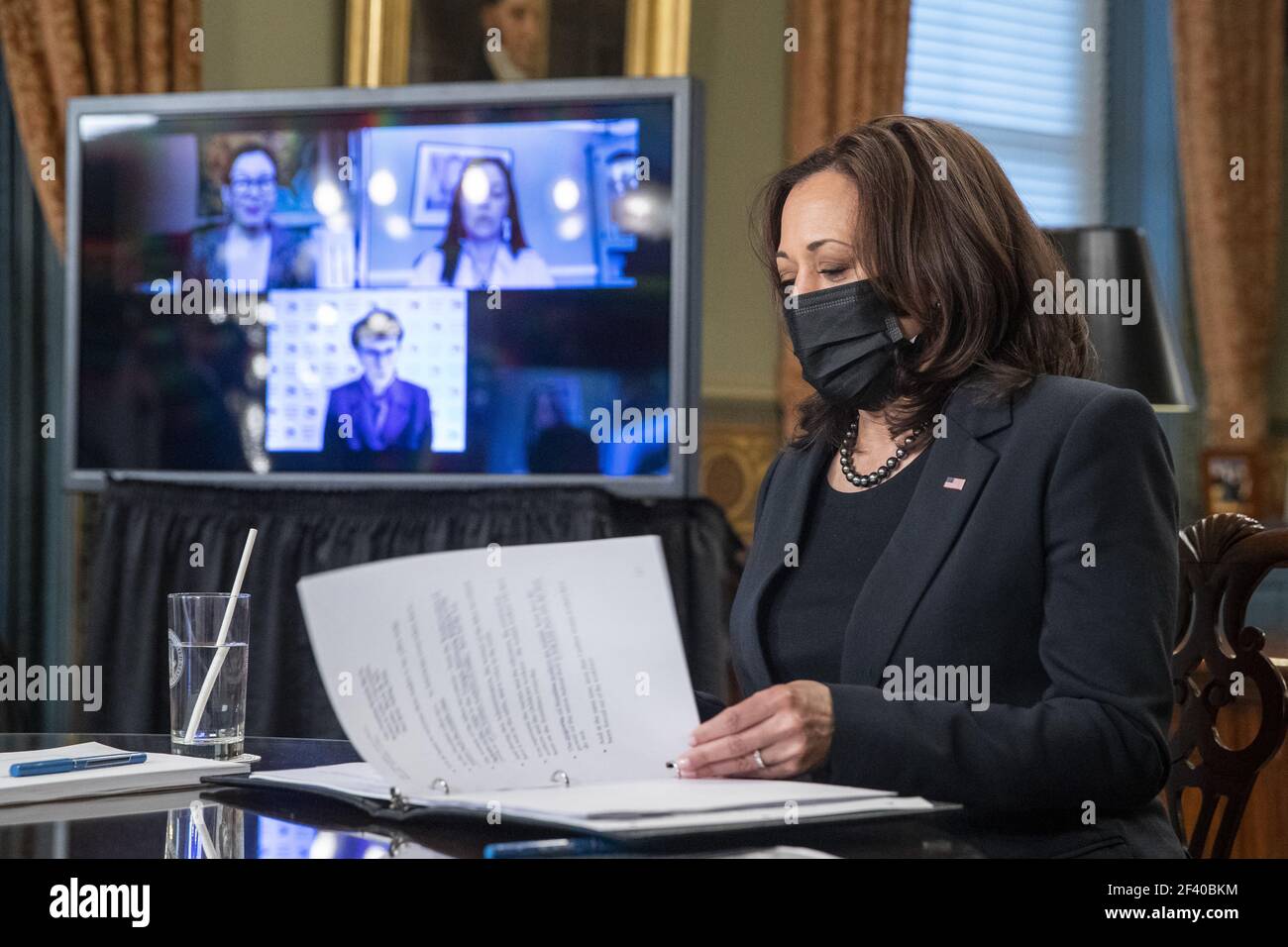 US Vice President Kamala Harris meets with labor leaders in the Vice President's Ceremonial Office in the Eisenhower Executive Office Building in Washington, DC, USA, 18 March 2021. To mark WomenâÂ€Â™s History Month and passage of the American Rescue Plan Vice President Harris met with Randi Weingarten from the American Federation of Teachers, Liz Schuler from the American Federation of Labor and Congress of Industrial Organizations, Becky Pringle, from the National Education Association, Teresa Romero from United Farm Workers, Cindy Estrada from United Auto Workers, Mary Kay Henry from Servic Stock Photo