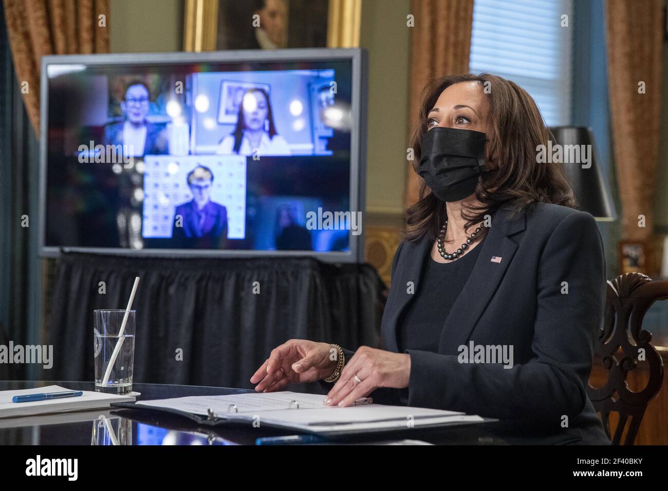 US Vice President Kamala Harris meets with labor leaders in the Vice President's Ceremonial Office in the Eisenhower Executive Office Building in Washington, DC, USA, 18 March 2021. To mark WomenâÂ€Â™s History Month and passage of the American Rescue Plan Vice President Harris met with Randi Weingarten from the American Federation of Teachers, Liz Schuler from the American Federation of Labor and Congress of Industrial Organizations, Becky Pringle, from the National Education Association, Teresa Romero from United Farm Workers, Cindy Estrada from United Auto Workers, Mary Kay Henry from Servic Stock Photo