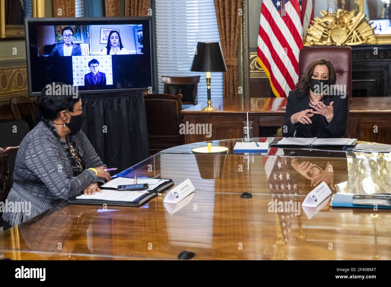 US Vice President Kamala Harris meets with labor leaders in the Vice President's Ceremonial Office in the Eisenhower Executive Office Building in Washington, DC, USA, 18 March 2021. To mark WomenâÂ€Â™s History Month and passage of the American Rescue Plan Vice President Harris met with Randi Weingarten from the American Federation of Teachers, Liz Schuler from the American Federation of Labor and Congress of Industrial Organizations, Becky Pringle, from the National Education Association, Teresa Romero from United Farm Workers, Cindy Estrada from United Auto Workers, Mary Kay Henry from Servic Stock Photo
