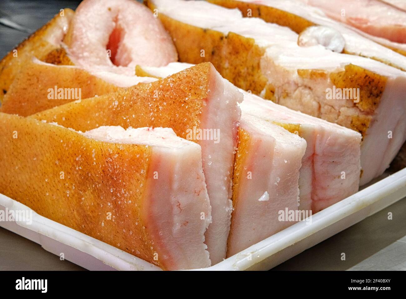 Fresh pork lard with salt is sold on counter of local farmers market Stock Photo Alamy