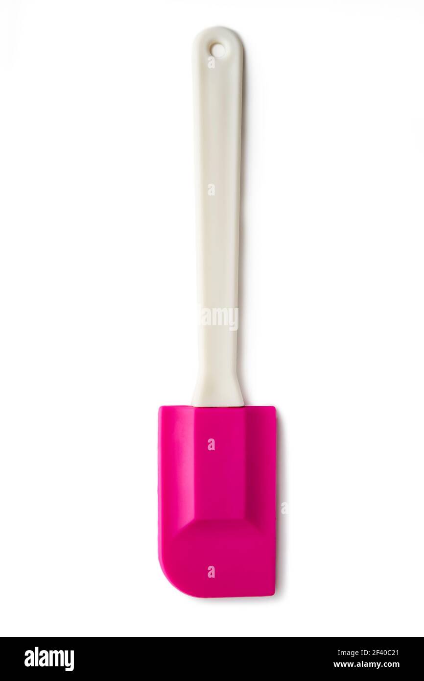Overhead view of pink plastic spatula isolated on white background Stock Photo