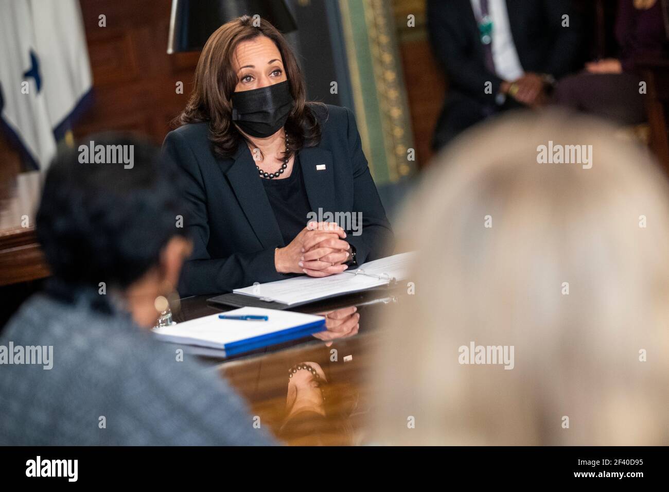 US Vice President Kamala Harris meets with labor leaders in the Vice President's Ceremonial Office in the Eisenhower Executive Office Building in Washington, DC, USA, 18 March 2021. To mark WomenÕs History Month and passage of the American Rescue Plan Vice President Harris met with Randi Weingarten from the American Federation of Teachers, Liz Schuler from the American Federation of Labor and Congress of Industrial Organizations, Becky Pringle, from the National Education Association, Teresa Romero from United Farm Workers, Cindy Estrada from United Auto Workers, Mary Kay Henry from Service Em Stock Photo