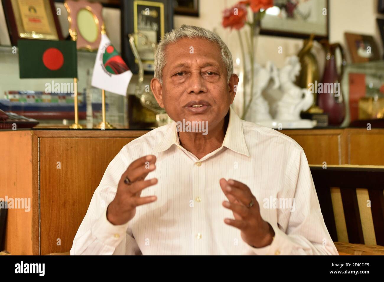 Dhaka. 18th Mar, 2021. Dilip Barua, general secretary of the Communist Party of Bangladesh, speaks during an interview with Xinhua in Dhaka, Bangladesh, March 15, 2021. TO GO WITH Interview: China 'plugs loopholes' in Hong Kong's electoral system, says Bangladeshi party chief Credit: Xinhua/Alamy Live News Stock Photo